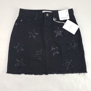 Kancan Beaded Star Mini Skirt Womens Small Black Denim Jean Raw Hem Glitter